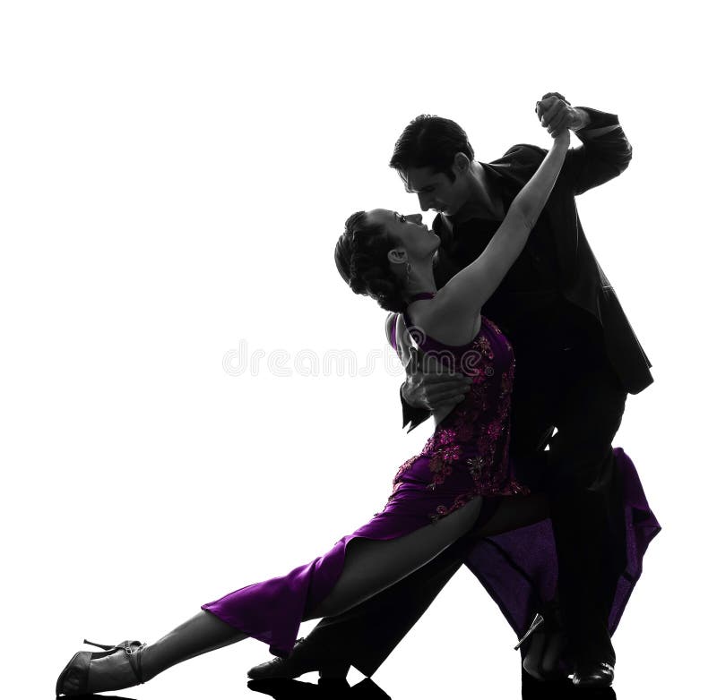 Couple man woman ballroom dancers tangoing silhouette