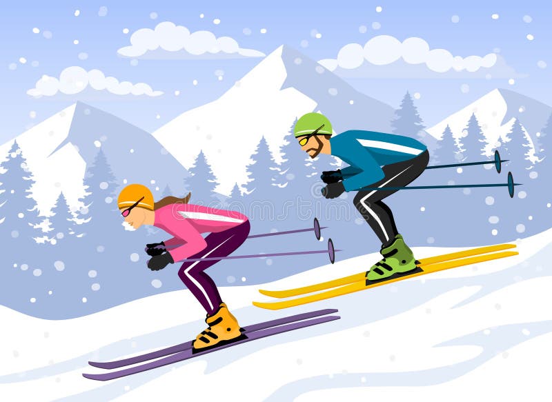 Couple, Man and Woman skiing downhill.