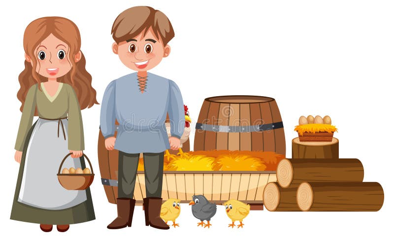 Couple medieval peasants with farm objects vector illustration