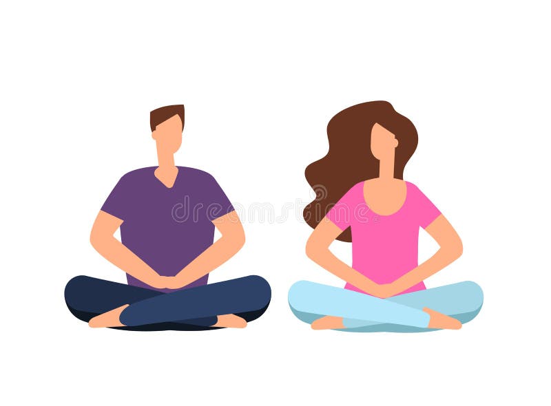 Couple in meditation. Young man, woman relaxing and meditating in yoga pose. Harmonious family relations and friendship