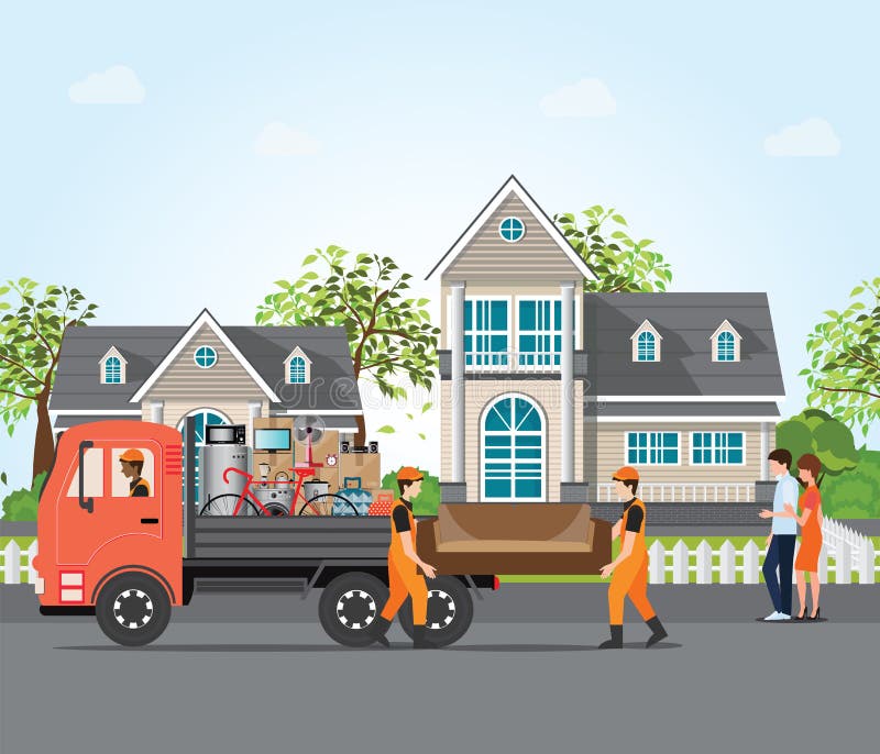 Couple moving into new house, employee moving furniture with service trucks, moving home and real estate conceptual Vector illustration. Couple moving into new house, employee moving furniture with service trucks, moving home and real estate conceptual Vector illustration.