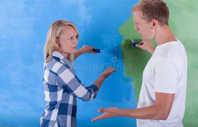Couple Painting Room for Two Colors Stock Photo Image of check