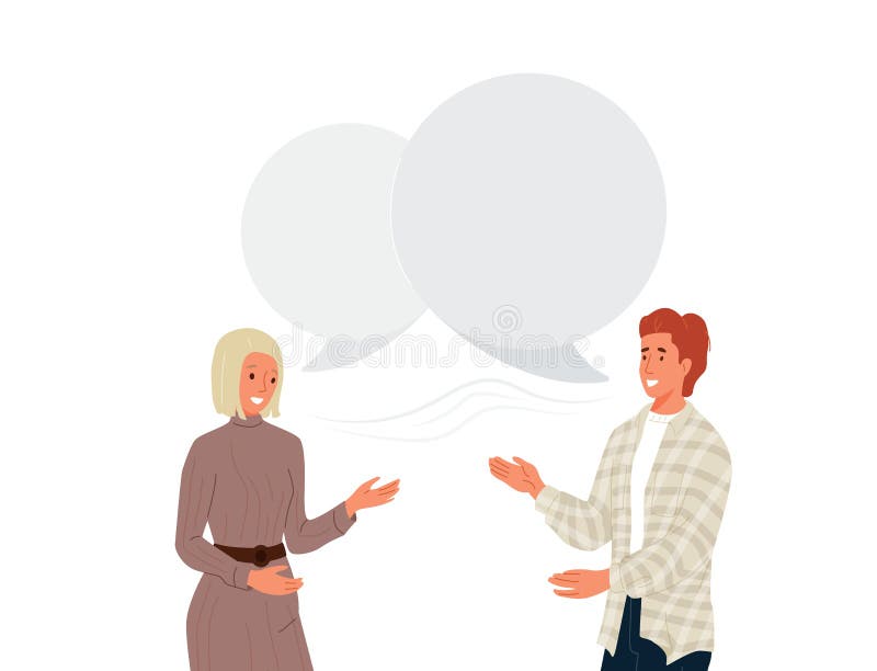 Couple people talking vector background. Young couple man and woman laughing and communicate. Speech bubble over. Characters. Illustration communication between