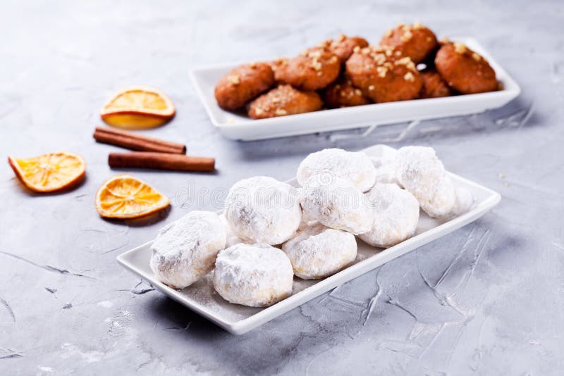 Couple Of Platters Of Homemade Greek Kourabiedes And Melomakarona