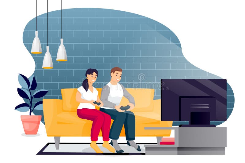 Happy couple play in video game. Young man and woman with gamepads sit on yellow sofa in loft modern room in front of TV. Vector characters illustration. Family leisure lifestyle and fun time at home. Happy couple play in video game. Young man and woman with gamepads sit on yellow sofa in loft modern room in front of TV. Vector characters illustration. Family leisure lifestyle and fun time at home