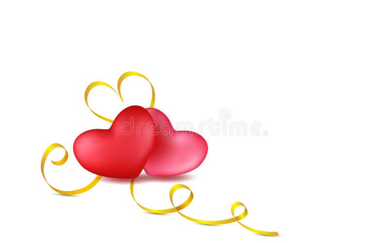 Couple red, rose hearts with golden calligraphy stripe. Isolated objects. Valentines day greeting card design in 3d style on white