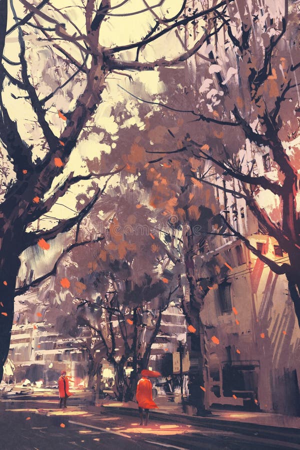 Couple in red standing opposite seeing each other in city street stock illustration Couple in red standing opposite seeing each other in city street stock illustration