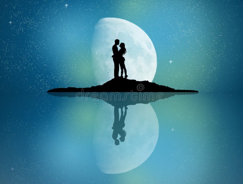 Couple Reflected in the Moonlight Stock Illustration - Illustration of  lake, moon: 147492390