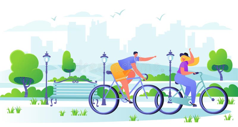 Man and woman characters riding bicycle with city on the background. Active people enjoying bike ride in the park. Healthy lifestyle concept. Characters doing workout outside. Flat, cartoon, trendy,. Street workout vectors