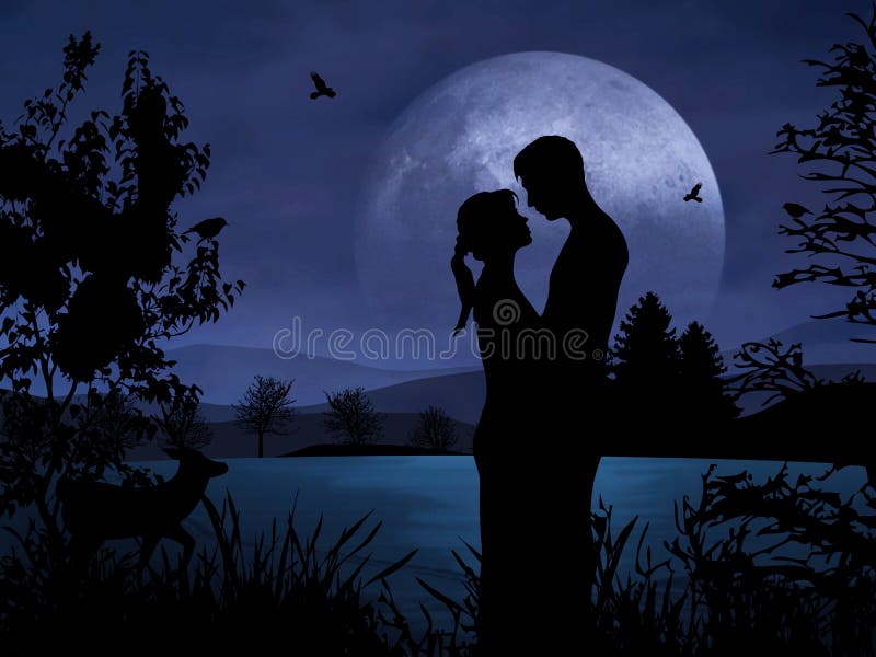 Romantisches paar in der Nacht mit schönen Mondschein.