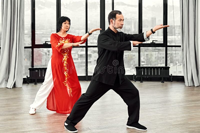 Couple Of Senior Masters Practicing Qi Qong Taijiquan Stock Image Image Of Concentration