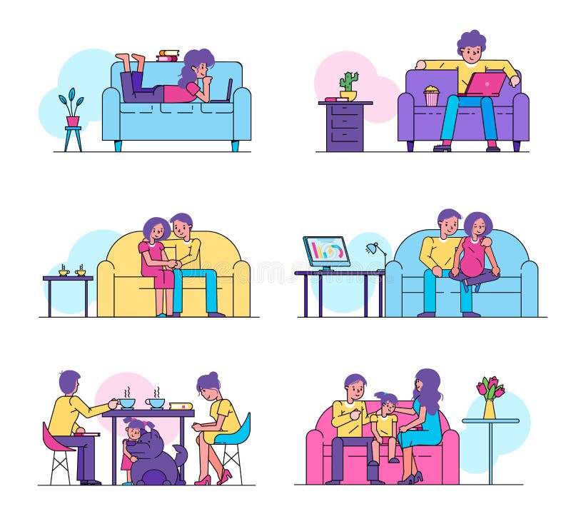 Couple set vector illustration isolated. Happy people family man, woman at home collection. Acquaintance, date, pastime at home on couch and at table. Pregnancy, daughter child, dog. Couple set vector illustration isolated. Happy people family man, woman at home collection. Acquaintance, date, pastime at home on couch and at table. Pregnancy, daughter child, dog