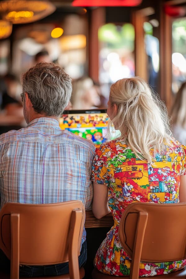 Couple Sharing Nourriture et Conversation Profite d'une rencontre décontractée dans un restaurant animé. illustration stock