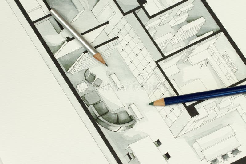 Couple of sharp pencils put on simple but elegant grey interior design architecture drawing
