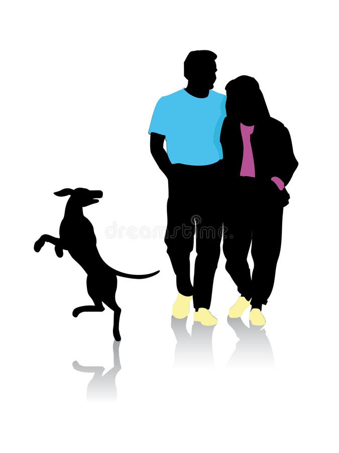 Couple silhouette walking with a pet jumping