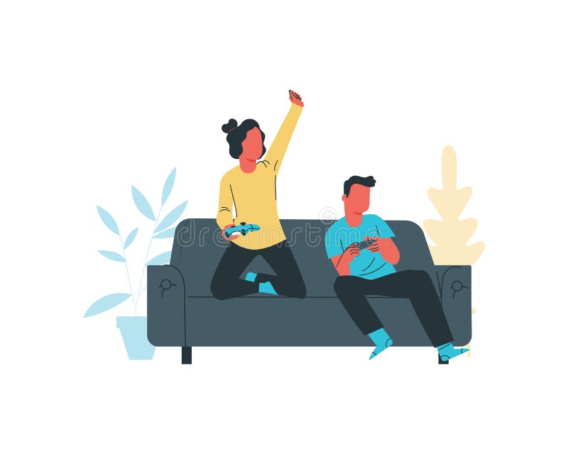 siblings playing game on a couch. digital natives concept illustration. siblings playing game on a couch. digital natives concept illustration