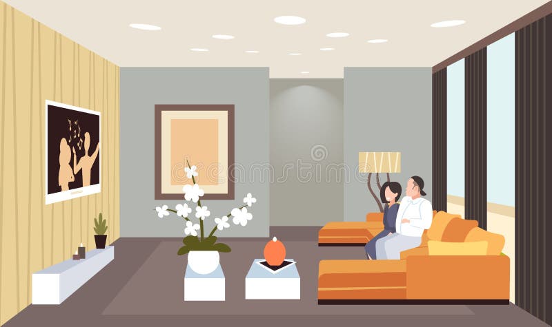Couple sitting on couch watching tv man woman having fun contemporary living room interior home modern apartment design royalty free illustration Couple sitting on couch watching tv man woman having fun contemporary living room interior home modern apartment design royalty free illustration