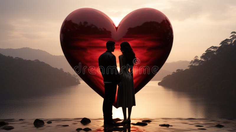 A Couple Standing in Front of a Large Heart Generative AI Image Stock