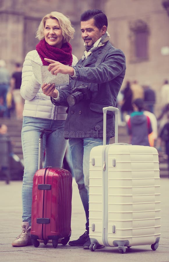 Couple with Suitcases, Camera and Map Outdoors Stock Photo Image of