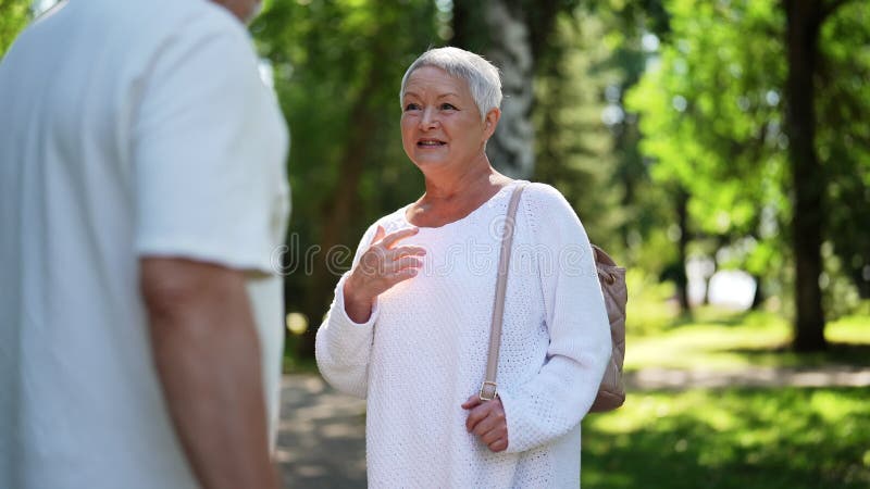 Couple supérieur positif marchant heureux dans le parc ensoleillé debout l'amour et la joie sur la belle journée d'été. banque de vidéos