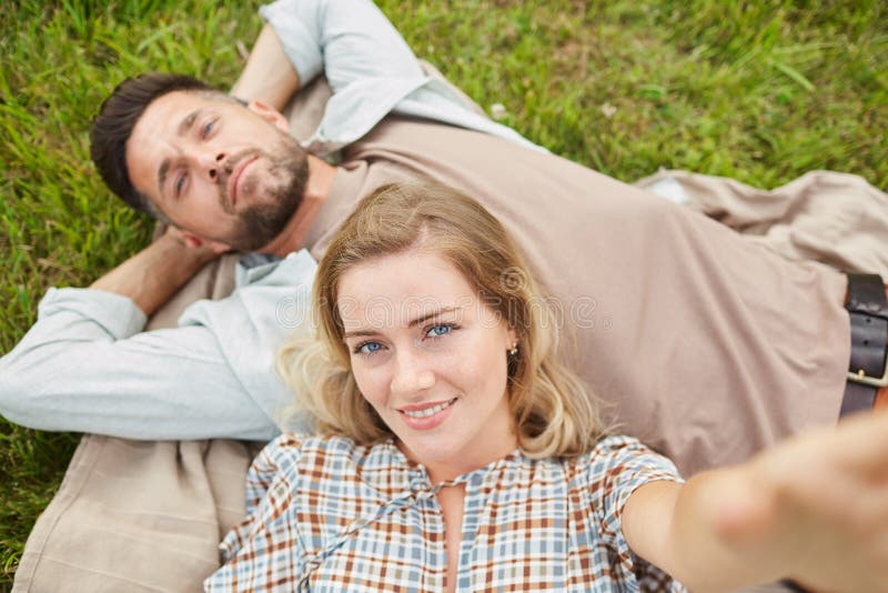 Couple Taking Selfie In Park Pov Stock Image Image Of Smiling