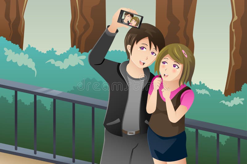 Couple taking a selfie picture of themselves stock illustration