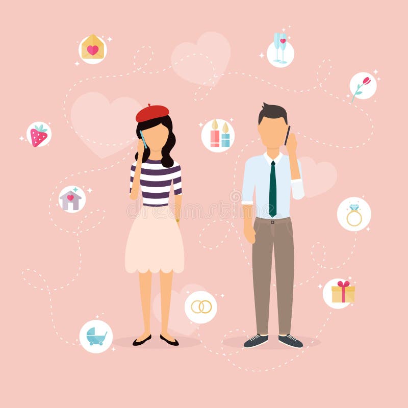 Couple Talking on a Cell Phone. Cartoon Man and Woman in Love Stock Vector  - Illustration of affair, happy: 65349824