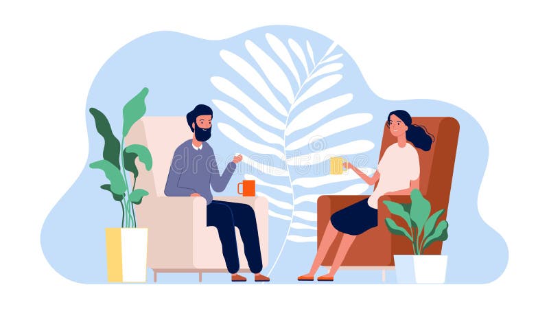 Couple talking. Family home time. Man and woman sitting on armchairs with drinks vector illustration. Woman and man sitting on chair, relationship cartoon