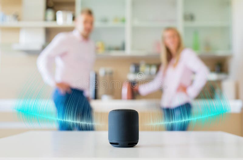 Couple talking and listening to smart speaker at home