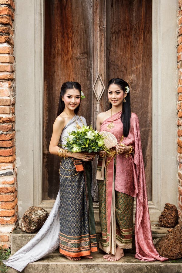 Couple Thai Woman Traditional Dress. Stock Image - Image of culture ...
