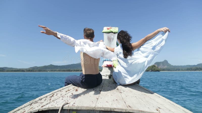 Couple On Thailand Boat Nose Back Rear View, Happy Romantic Man And Woman Tourist