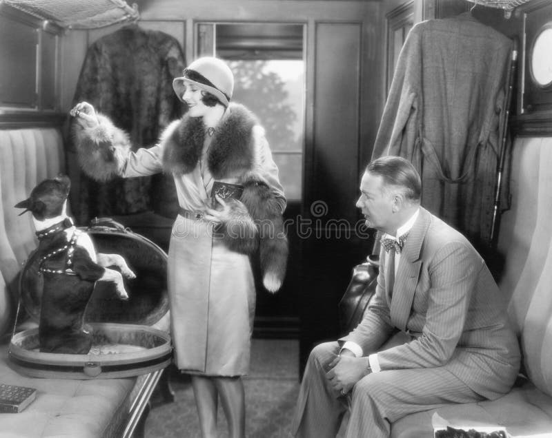 Couple together in a train and feeding a dog