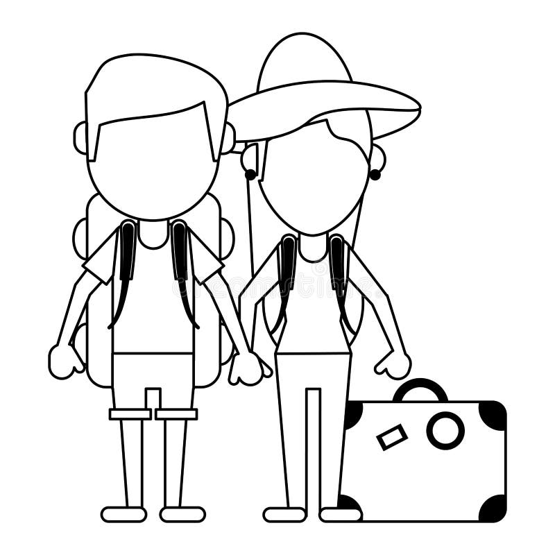Couple of Tourists Avatar Cartoon in Black and White Stock Vector