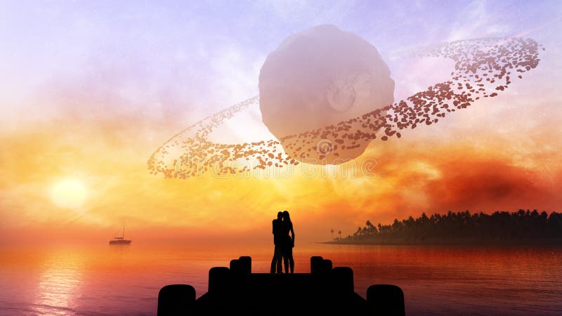 Una giovane coppia in amore sotto il fantasy type del cielo, con il celeste elementi come le stelle, una luna gigantesca asteroide con gli anelli intorno e nebulosa nuvole nel profondo dello spazio.