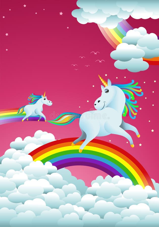 illustration of cute couple unicorns on rainbow fantasy fairy tale background