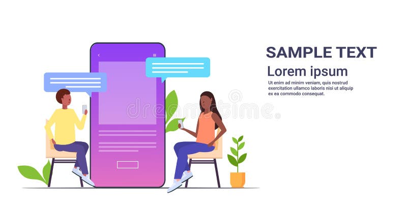 Couple using chatting app social network chat bubble communication concept african american man woman near smartphone royalty free illustration