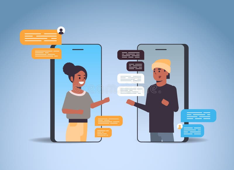 Couple using chatting app social network chat bubble communication concept african american man woman in smartphone vector illustration