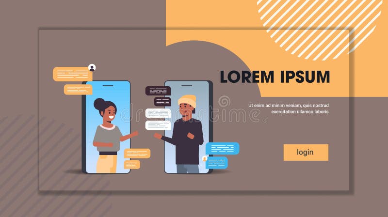 Couple using chatting app social network chat bubble communication concept african american man woman in smartphone stock illustration