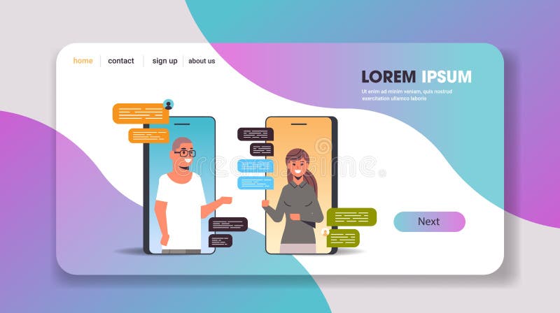 Couple using chatting app social network chat bubble communication concept man woman in smartphone screens online mobile royalty free illustration