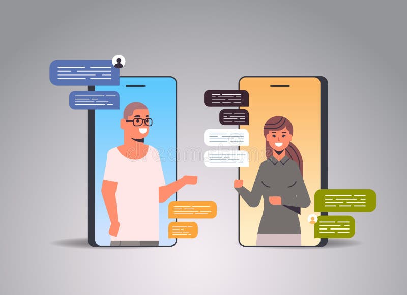 Couple using chatting app social network chat bubble communication concept man woman in smartphone screens online mobile vector illustration
