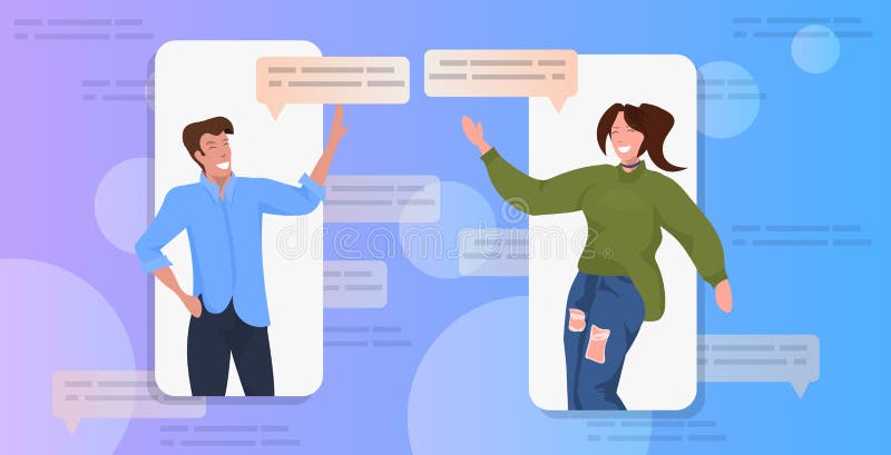 Couple using chatting app social network chat bubble communication concept man woman in smartphone screens online mobile royalty free illustration