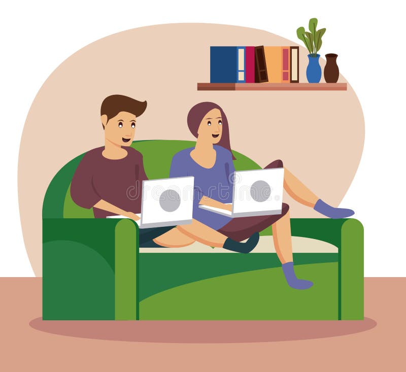 Couple using computers work at home vector illustration design