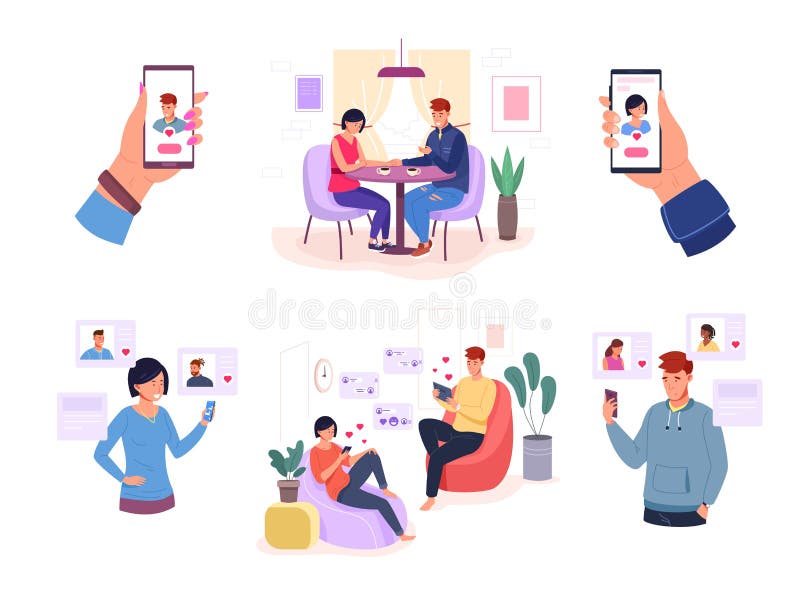Couple using dating app. Man and woman use mobile phone online date application, meeting chat in smartphone, love vector illustration