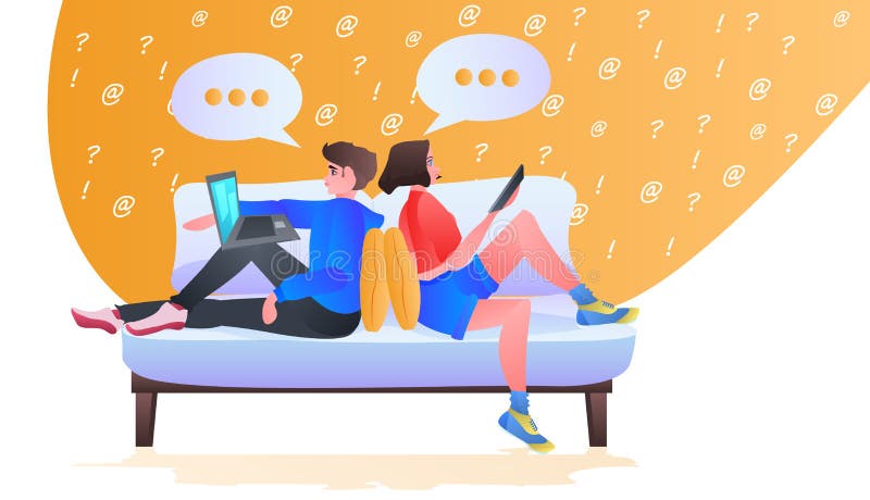 Couple using digital gadgets chat bubble communication social media network concept horizontal stock illustration