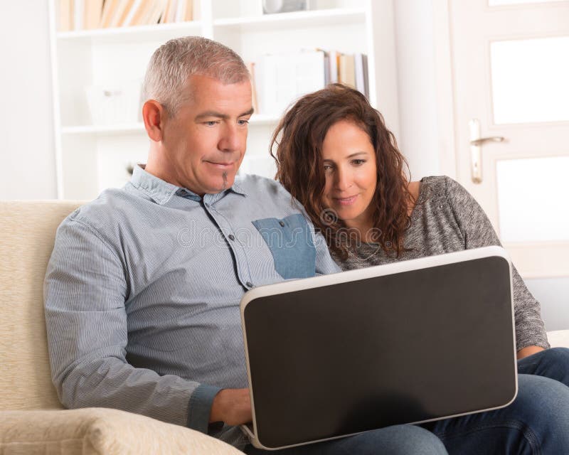 Happy Man & Woman Couple Using Laptop Computer Stock Image - Image of ...