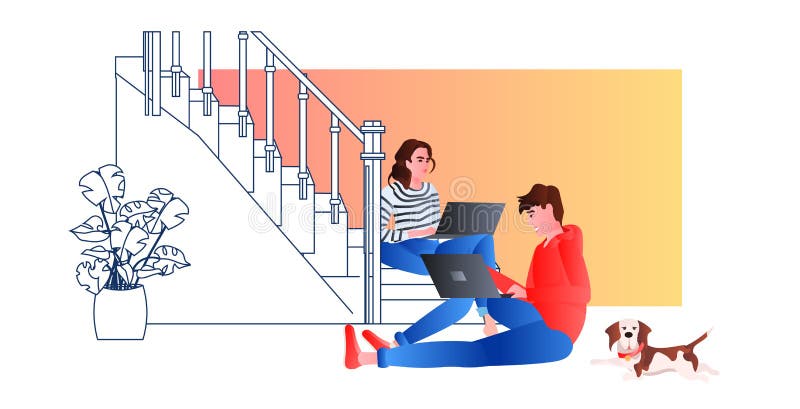 Couple using laptops man woman freelancers or students working at home online communication self isolation vector illustration