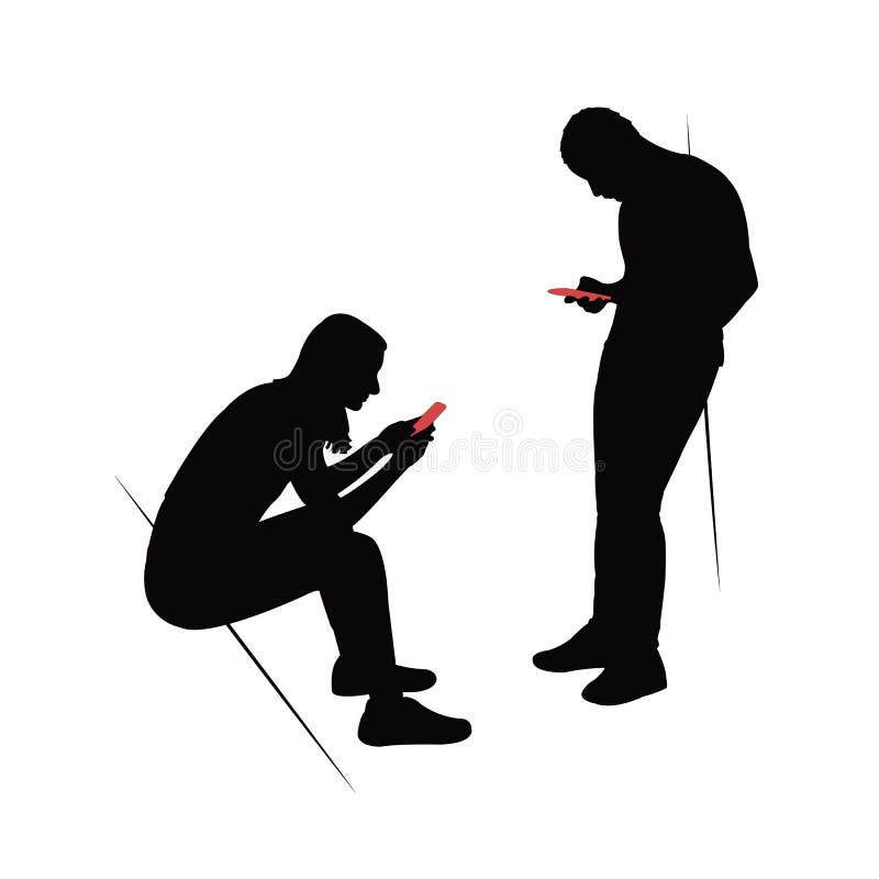 A couple using smarth phone, body, silhouette vector royalty free illustration