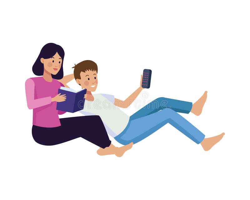 Couple using smartphone and reading book royalty free illustration
