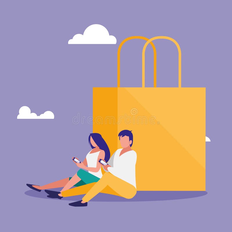 Couple using smartphone with shopping bags royalty free illustration
