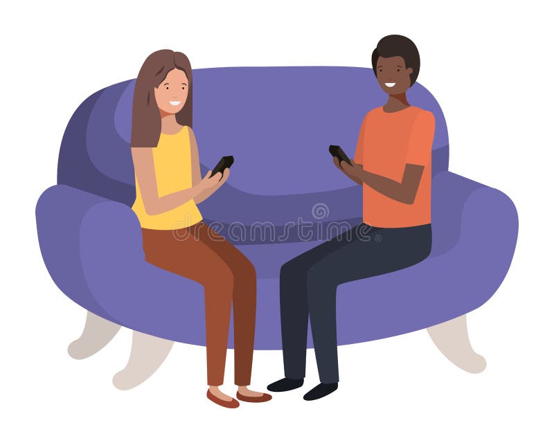 Couple using smartphone in the sofa avatar character royalty free illustration